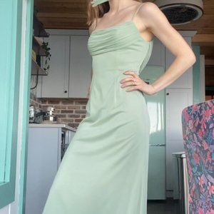 Azazie Chantal - A-Line Pleated Mesh Floor-Length Dress (Dusty Sage)